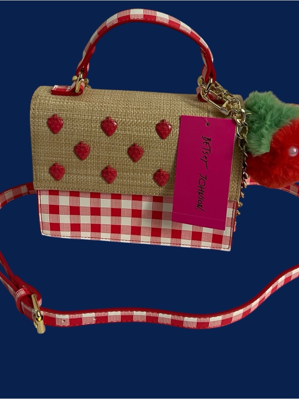 Betsey Johnson Red Gingham Strawberry Charm Crossbody Bag - Picture 4 of 16